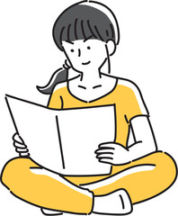胡坐を組んで書類を見る女性