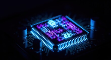 Neon illuminated advanced microchip illustrating computational technology advancements