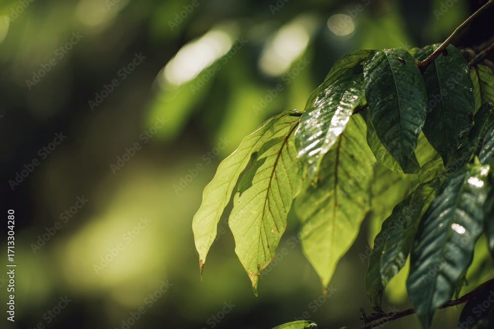 Aufkleber sunlight filters through vibrant green leaves, creating a mesmerizing display of light and shadow in