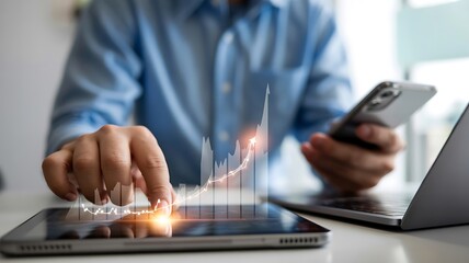 Person interacting with a 3d financial graph on a tablet with phone and laptop