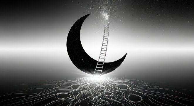 Lunar ascension abstract monochrome composition with ladder reaching for cosmos and surreal light