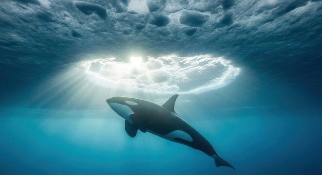 Killer whale gracefully glides beneath the icy expanse of the Arctic Ocean illuminated by sunlight