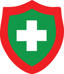 Obraz premium Red shield with green center and white cross symbol representing health and safety protection