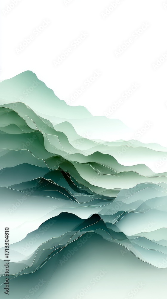 Poster an abstract representation of a mountain range with varying shades of green and blue, featuring laye