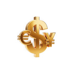 Golden currency symbols intertwined isolated on transparent background
