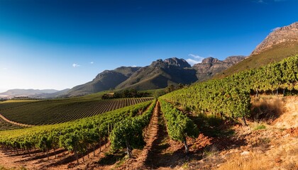 Naklejka premium A Vineyard On A Mountain Slope In The South African Cape Winelands