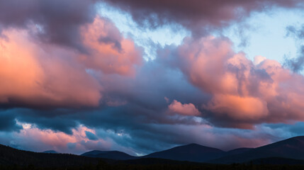 Sunset, beautiful rosy clouds, and the afterglow on the horizon