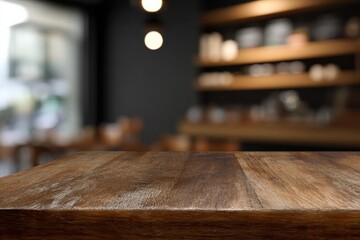 Empty wooden table in a cafe setting, ideal for product placement or showcasing culinary creations