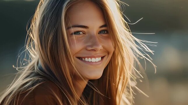 Joyful woman with long hair smiling in sunlit outdoor setting with ai generated