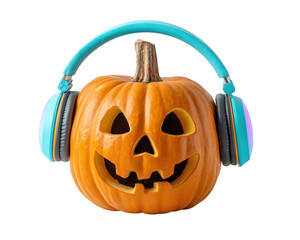 Fun jack o lantern pumpkin character with happy smiling face listening to music on headphone. cute element for Halloween celebration or party invitation
