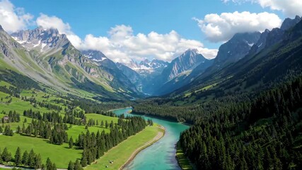 Panoramic view of the natural scenery of alpine forests and rivers. Ning among the magnificent mountains and rivers