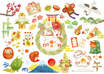 かわいい水彩タッチの午年の年賀用カットイラスト素材セット