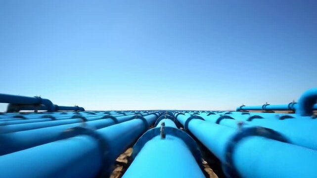 Rows of bright blue water pipes against a clear sky