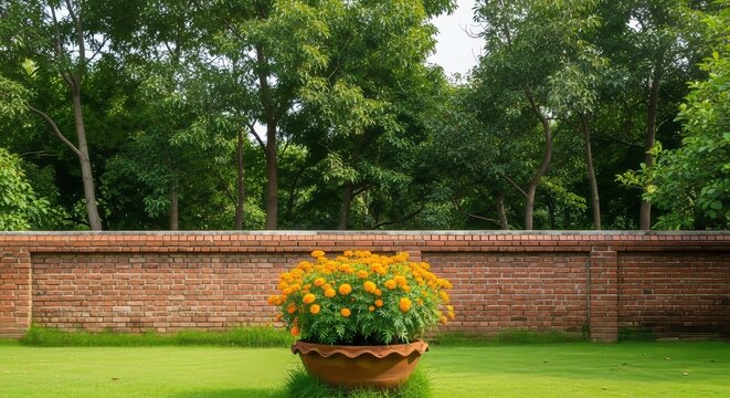 Bright orange flowers in a terracotta pot stand on a green lawn framed by a brick wall and trees - Powered by Adobe