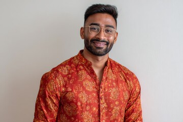 Obraz premium Male office worker in festive attire smiling against a plain background, blending culture with professionalism.