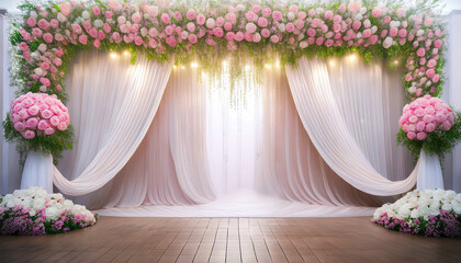 Beautiful wedding stage decorated with a floral arch of pink roses and draped white curtains