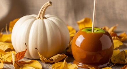 Pumpkin and Caramel Apple with Autumn Leaves