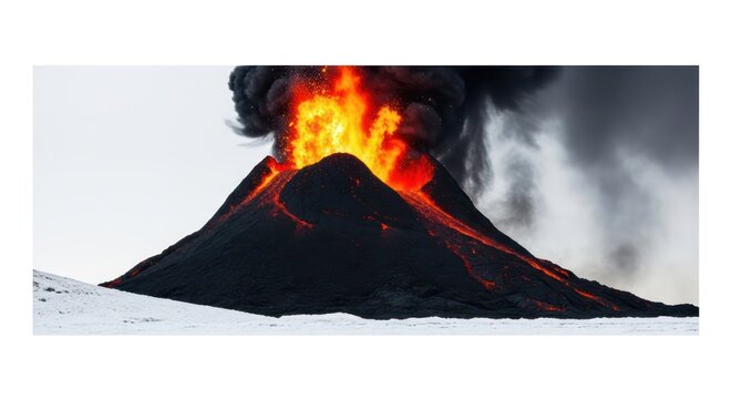 Dramatic spectacle of a volcanic eruption with flowing lava and smoke against a snowy backdrop - Powered by Adobe