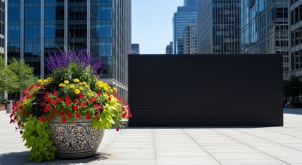 Elaborate flower pot with colorful blooms in an urban setting with modern buildings  a black brick structure in the background