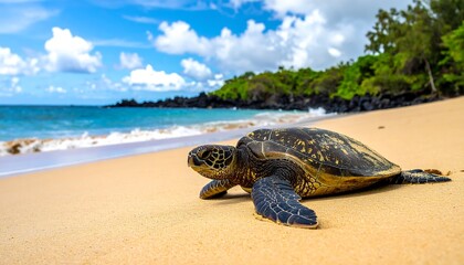A green sea turtle rests peacefully on a golden beach, bathed in the warm light of a sunny day near the ocean's edge.