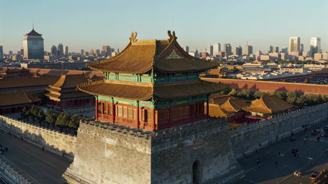 Aerial panoramic view of the corner tower of the Forbidden City in Beijing Aerial view of the Forbidden City in Beijing