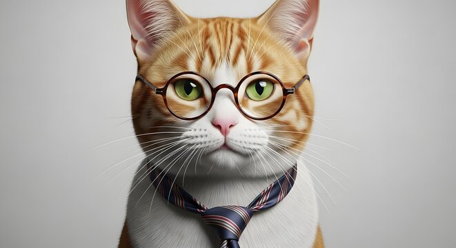 A portrait of an intelligent ginger and white tabby cat wearing round glasses and a patterned tie, looking dapper and professional.