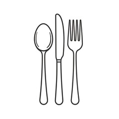 Simple black line art illustration of a spoon, knife, and fork, arranged in a horizontal row against a plain white background.