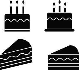 Birthday cake and slice black icons set. Celebration dessert sweet food collection in flat styles, party cake piece graphic symbols, bakery confection illustration elements on transparent background.