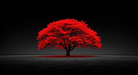 Blue and red tree set against a black-and-white background landscape.
