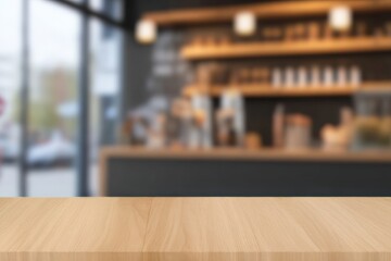 Obraz premium Empty wooden table top with blurred coffee shop background provides ideal space for product placement