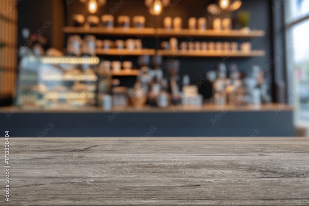 Poster empty wooden table positioned in front of a softly blurred coffee shop background, perfect for showc