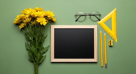 Back to school flat lay featuring blank chalkboard, sunflowers, glasses, ruler, and pencils on a green background. School supplies flatlay.