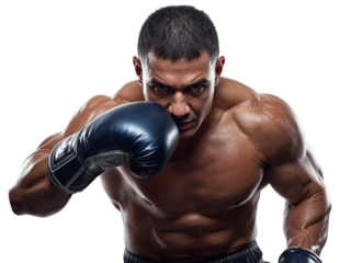 Intense athletic fighter showcasing power and determination on transparent setting