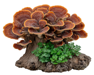 Vibrant cluster of wild turkey tail mushroom, type of fungi, growing on log with green foliage. beautiful natural clipart element isolated for creative design
