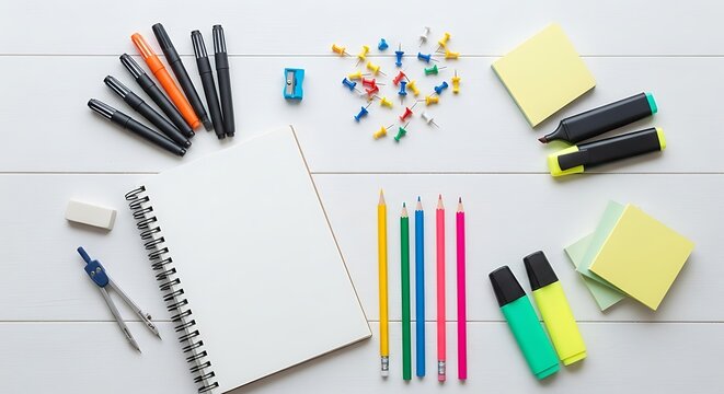 School art supplies still life featuring pens, paper, eraser and colored pencils arranged on desk, flat lay, perfect composition, vibrant, education