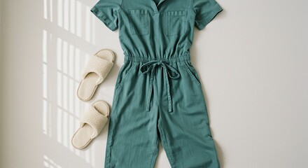 Teal Jumpsuit and Cozy Slippers on White Background with Window Shadows