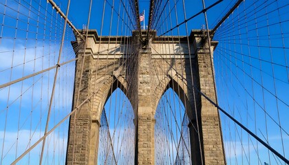 Obraz premium NYC Bridge, cables, arches, stonework, blue sky