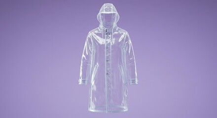 Transparent Raincoat on Lavender Backdrop: Minimalist Fashion, Studio Shot.