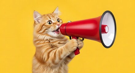 An adorable orange tabby cat enthusiastically holds a red megaphone against a vibrant yellow background, appearing to make an announcement.