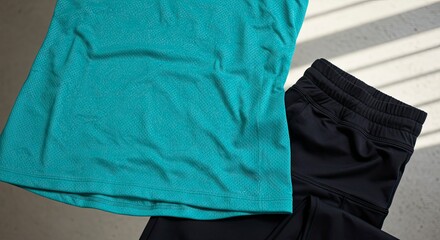 Turquoise Mesh Tank Top and Black Athletic Shorts on Textured Surface with Sunlight