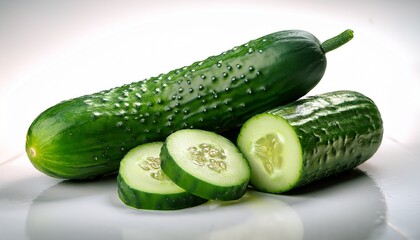 Fresh Green Cucumbers With One Cut In Half Showing Seeds