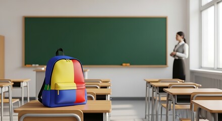 Classroom Setup A Colorful Backpack on Desk with Teacher at Chalkboard, Realistic Rendering, Back to School, Education, Academic Environment