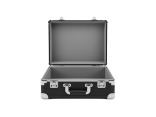 Open black suitcase ready for travel adventures isolated on transparent background