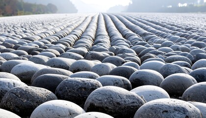 Obraz premium Rows of smooth stones on a frosty ground leading to a distant horizon.