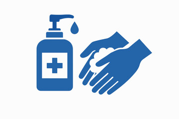 A vector illustration of hands washing with a bottle of liquid soap, solid colors, white background