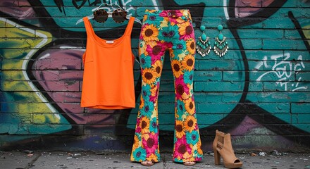 Vibrant Fashion Ensemble: Sunflower Pants, Orange Top, Graffiti Backdrop, Stylish Accessories.