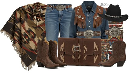 Western Style Collage: Denim, Leather, Boots, and Southwestern Patterns
