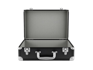 An open modern sleek black briefcase with polished silver accents on a transparent background