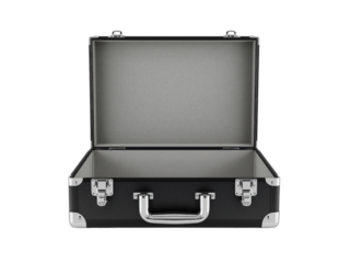 An open modern sleek black briefcase with polished silver accents on a transparent background