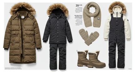 Winter Apparel Collection: Parka, Snowsuit, Scarf, Mittens, and Boots on White Background